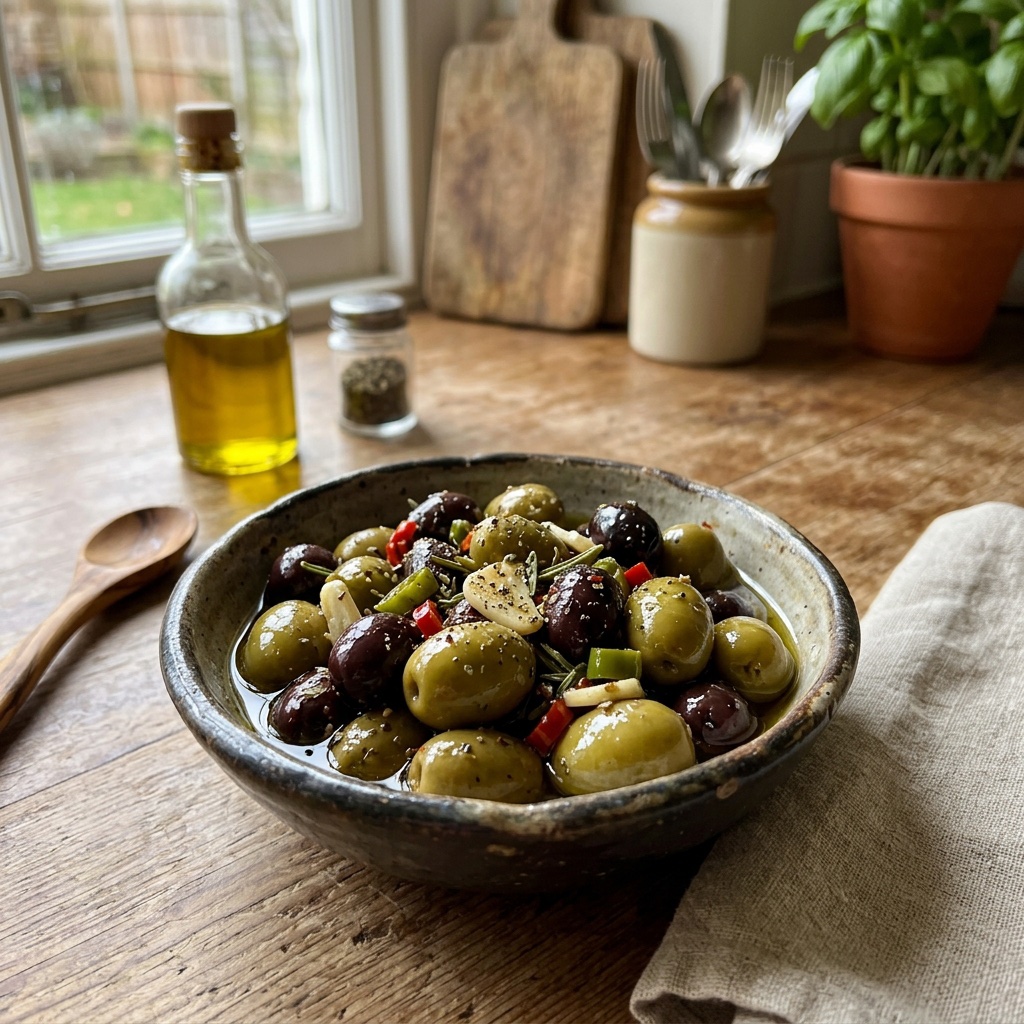 Bratene Olivensalat mit Knoblauch und Chili