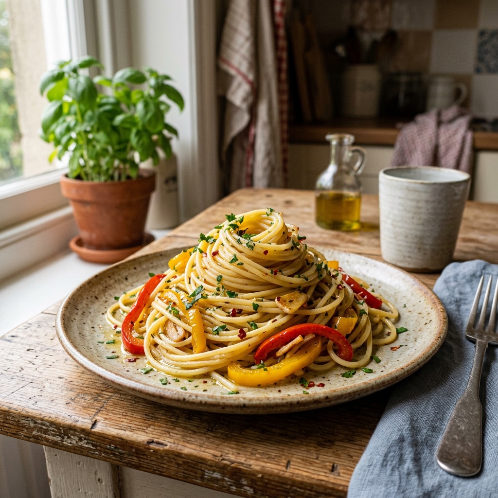 Schnelle Aglio e Olio mit Paprikagemüse