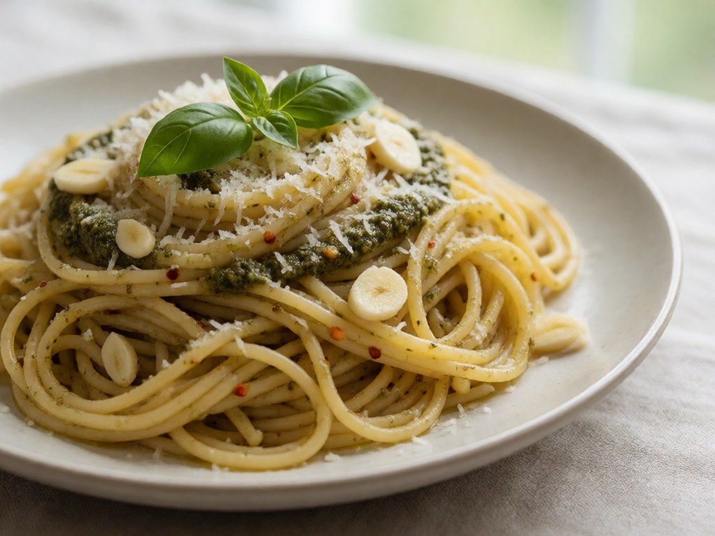 Schnelle Aglio e Olio mit Basilikum-Pesto