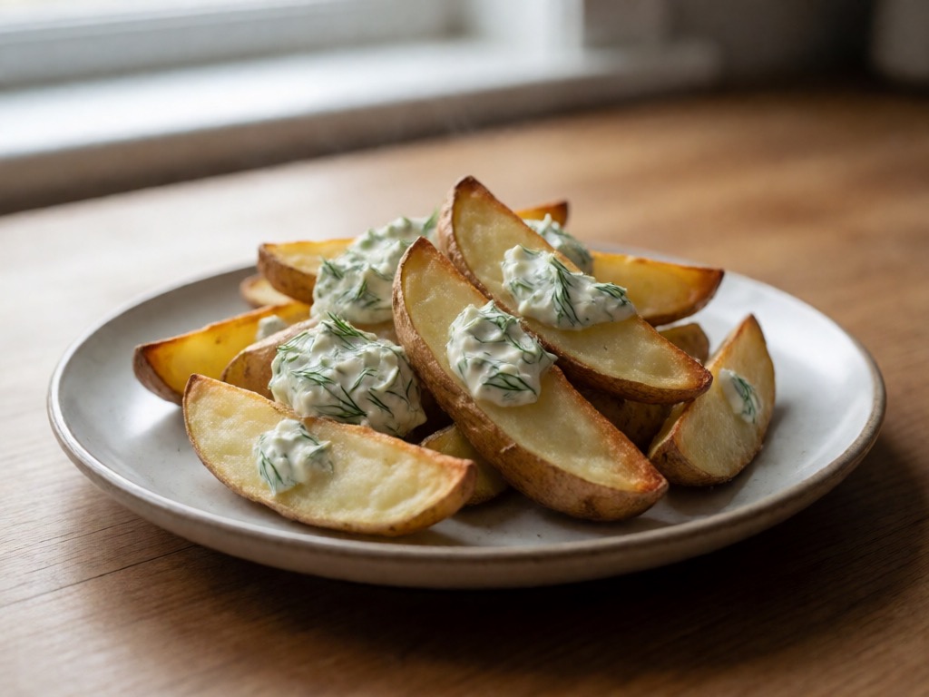 Heißluftfritteuse-Kartoffelwedges mit Knoblauch-Dill-Dip