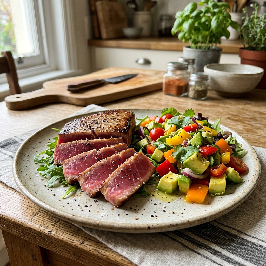 Airfryer-Thunfischsteaks mit Avocado-Paprika-Salat