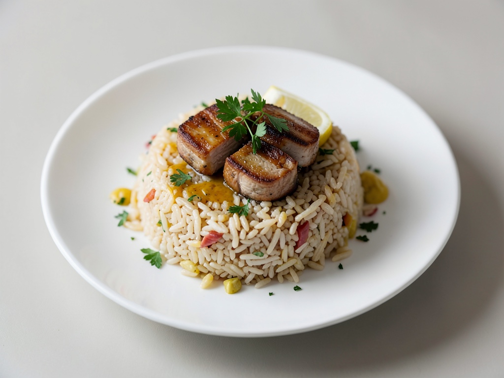 Ofenreis mit Schweinebauch und Zitrone