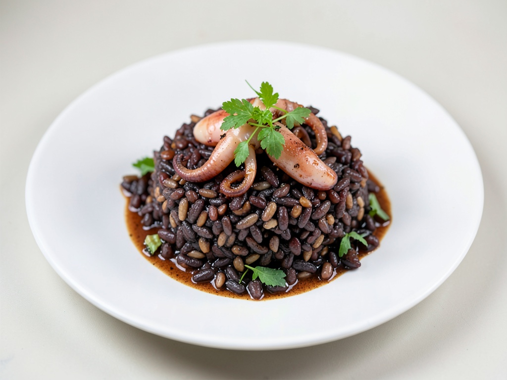 Hausgemachtes Schwarzes Reisgericht mit Tintenfisch
