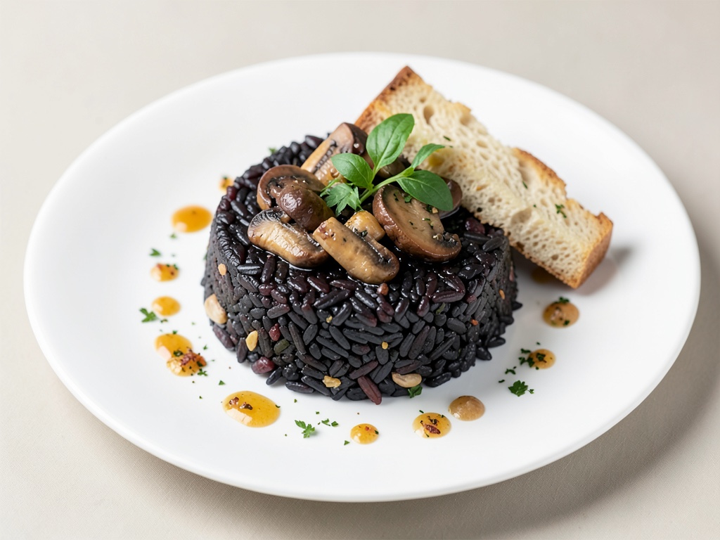 Arroz Negro mit Champignons und Knoblauchbrot