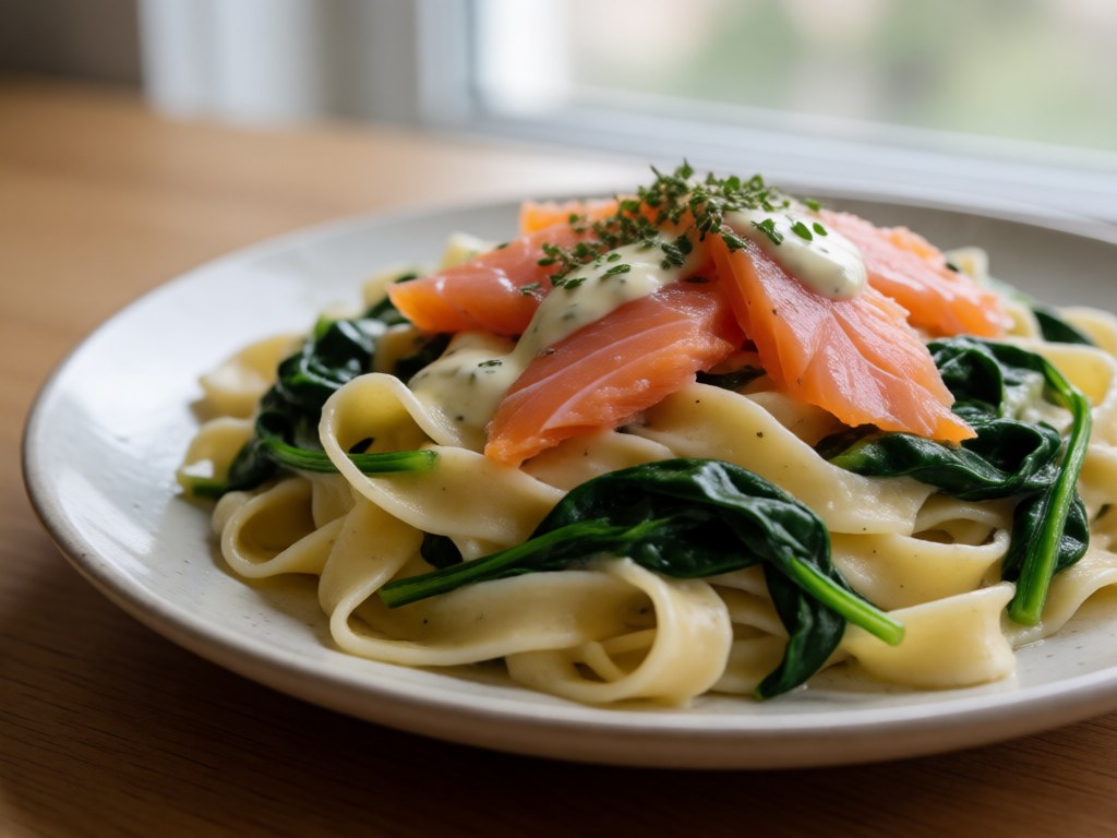 Bandnudeln mit frischem Spinat und Lachs