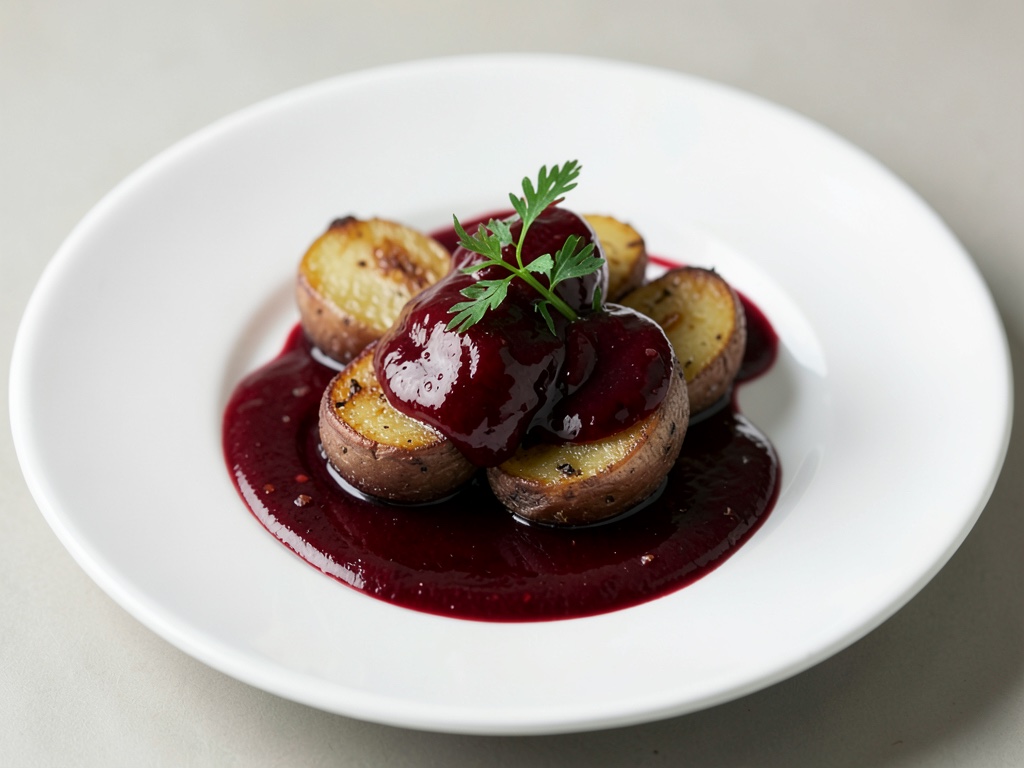 Patatas azules en salsa de vino tinto