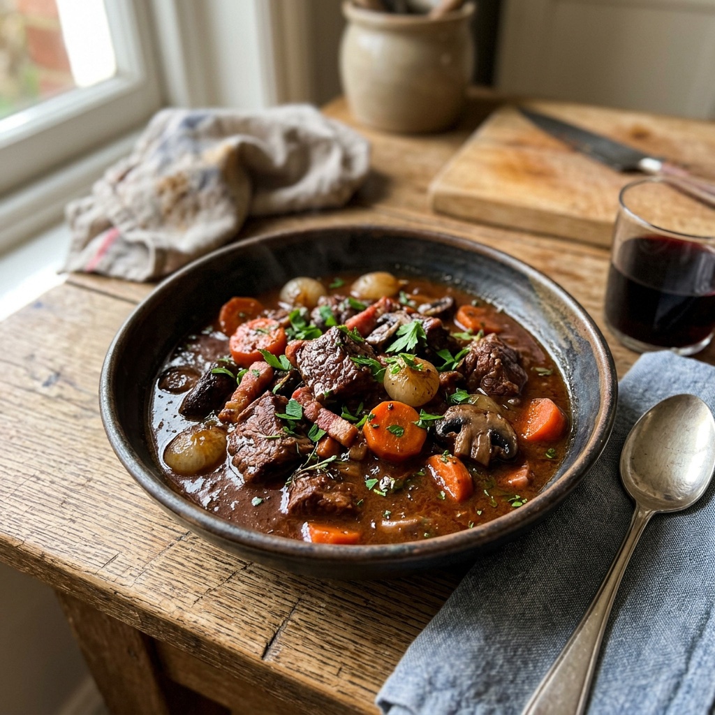 Schnelles Rindergulasch im Rotwein (Boeuf Bourguignon)