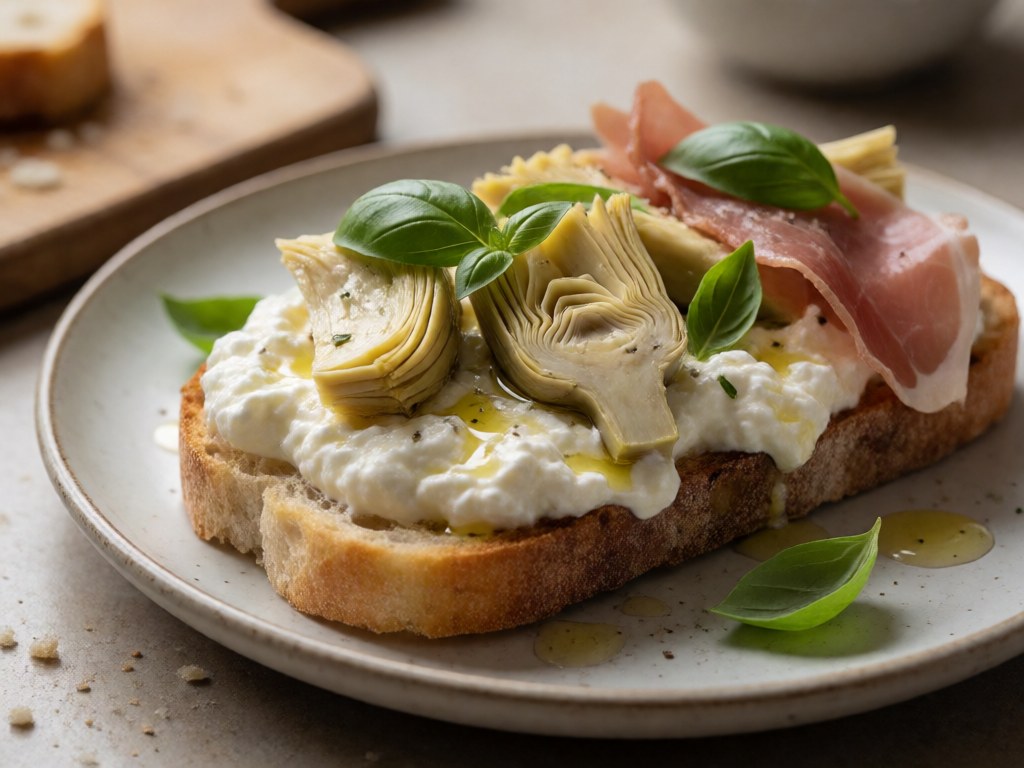 Burrata-Crostini mit Artischoken und Basilikum