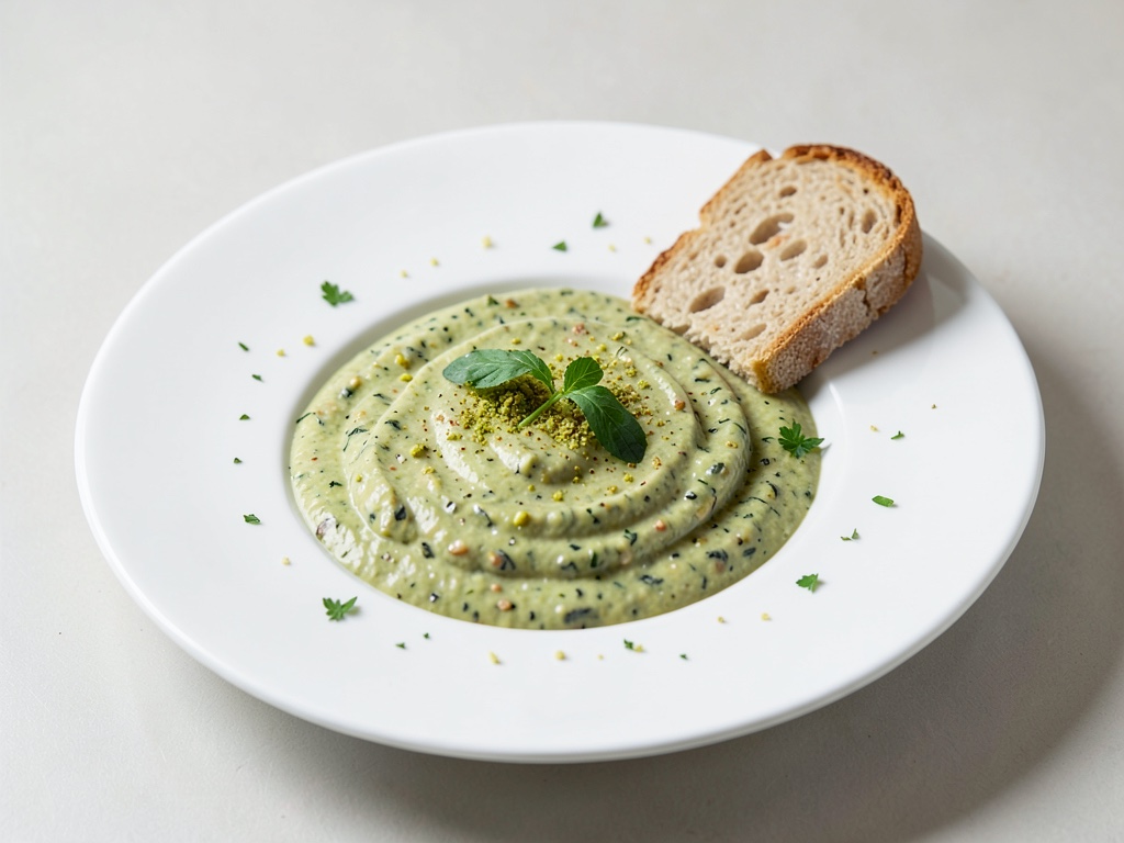 Sopa cremosa de calabacín y pistacho con pan de ajo