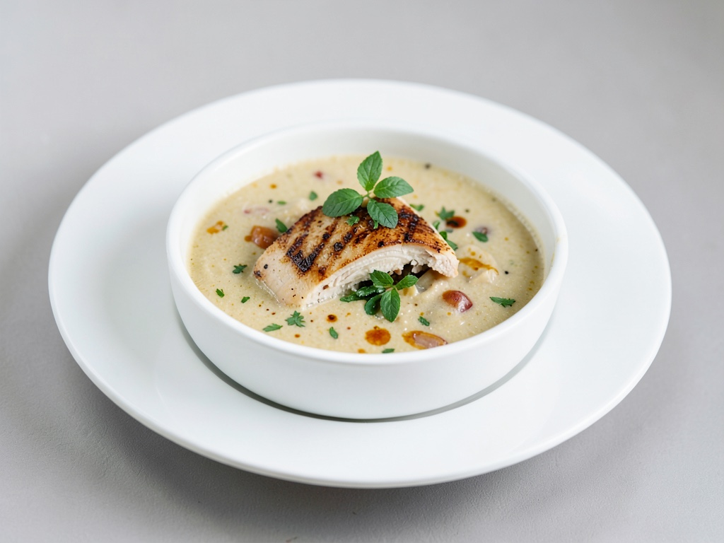 Bowl de sopa de cebolla cremosa con pollo a la parrilla