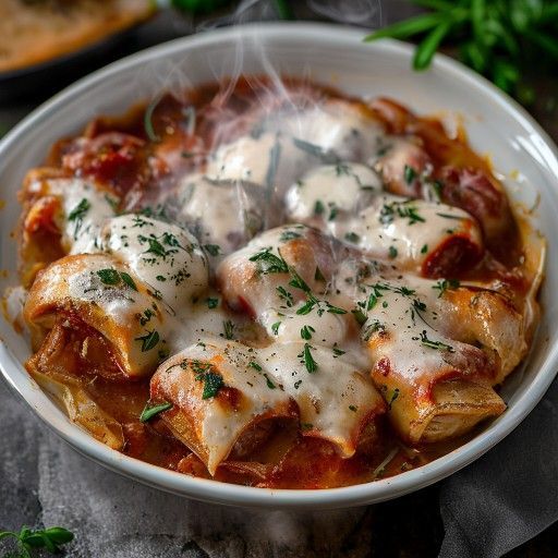 Champignon-Hack-Cannelloni in Tomaten-Graviera