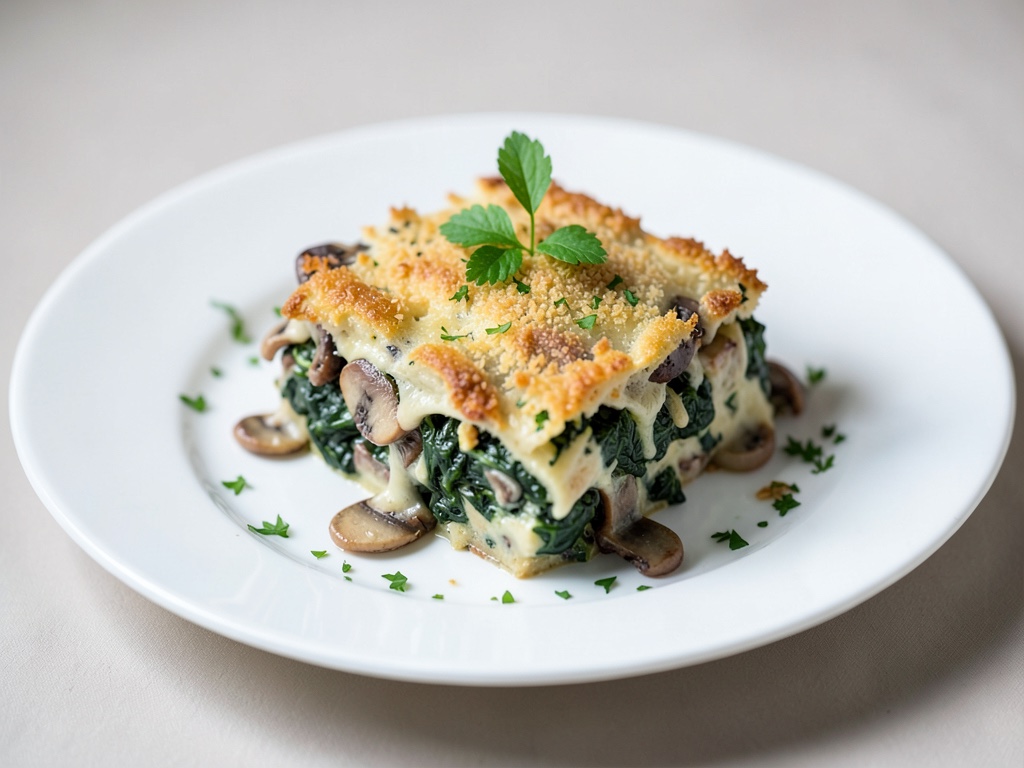 Champignon-Spinat-Gratin mit Knoblauchbrotkruste