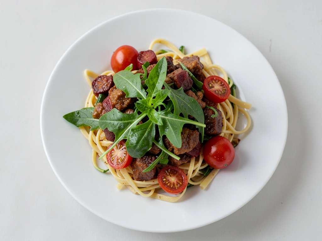 Frischer Nudelsalat mit Rucola und sonnengetrockneten Tomaten