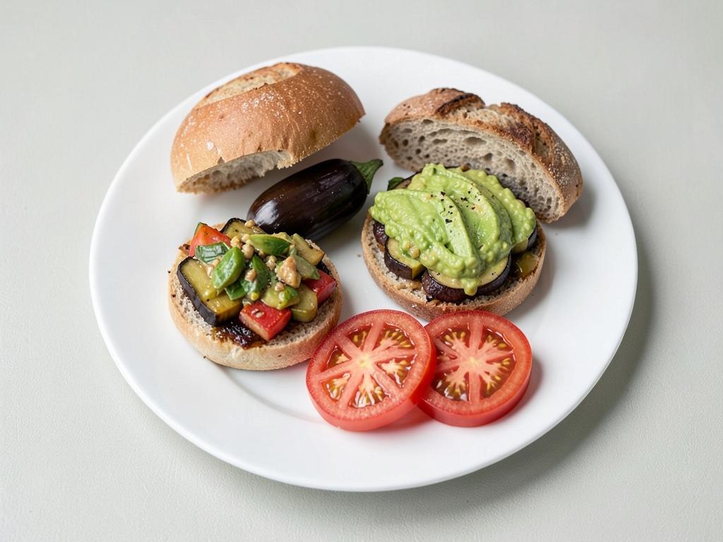 Hamburger al burgerino con pomodori, melanzane e avocado