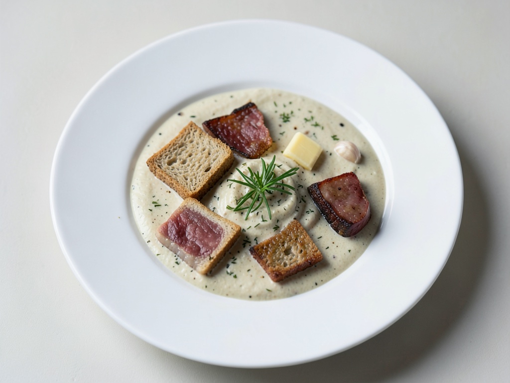 Wild Garlic Cream Soup with Croutons and Fried Chorizo