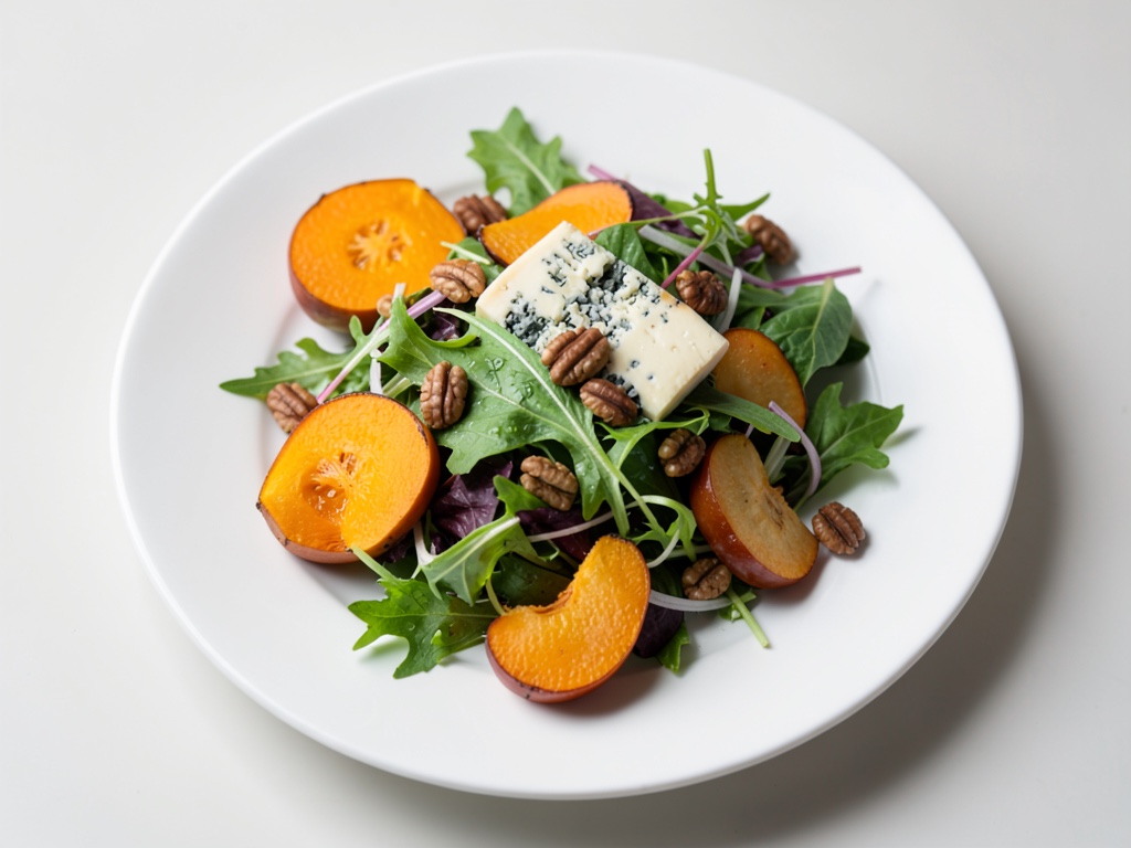 Insalata autunnale con zucca fritta, pera caramellata, formaggio erborinato e noci