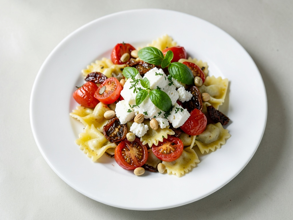 Nudelsalat mit getrockneten Tomaten, Pinienkernen, Schafskäse und Basilikum