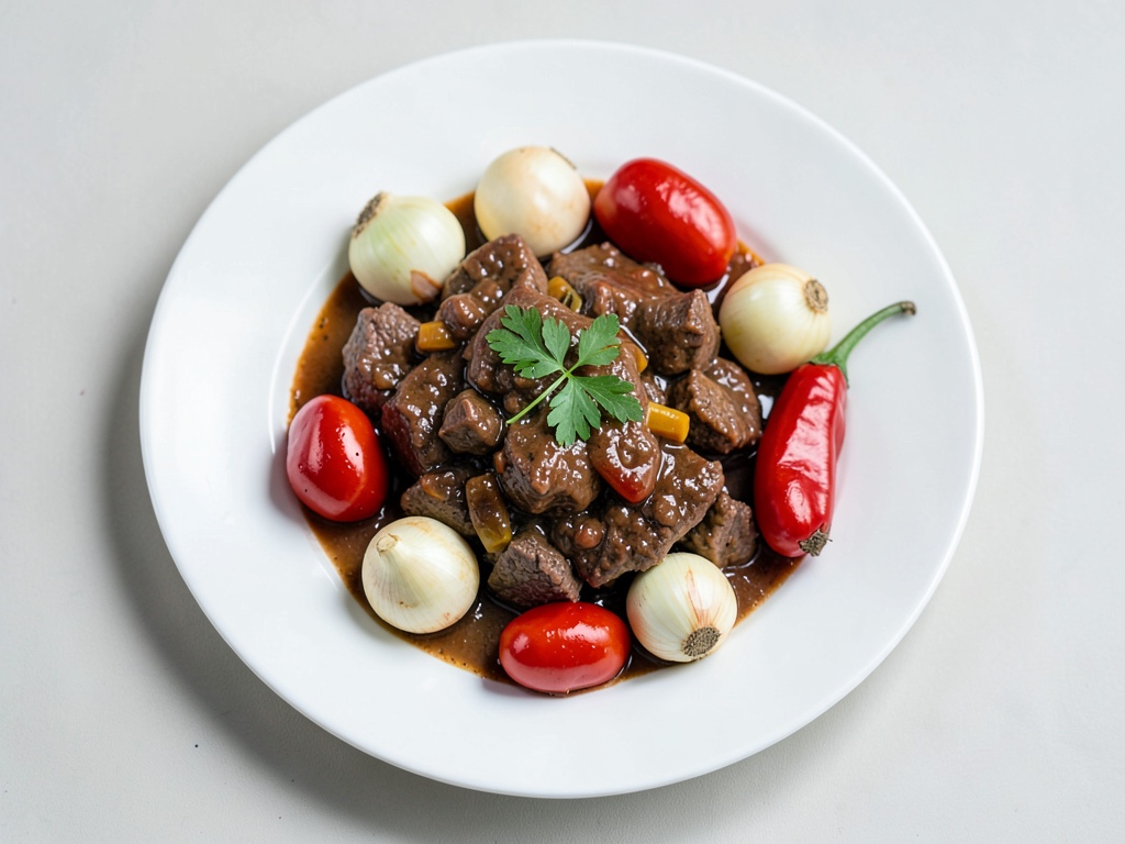 Gulasco di manzo colorato con scalogni e peperoni