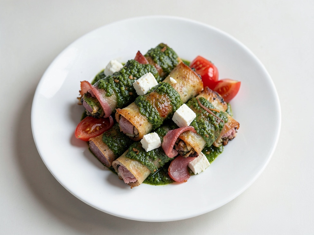 Rotelle di pollo alla toscana ripiene con pesto, feta e prosciutto