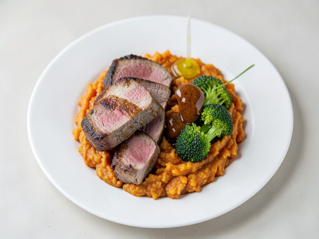 Zartes Schweinefilet auf cremigem Süßkartoffelbrei mit Lebkuchen-Sauce und knusprigem Rosenkohl