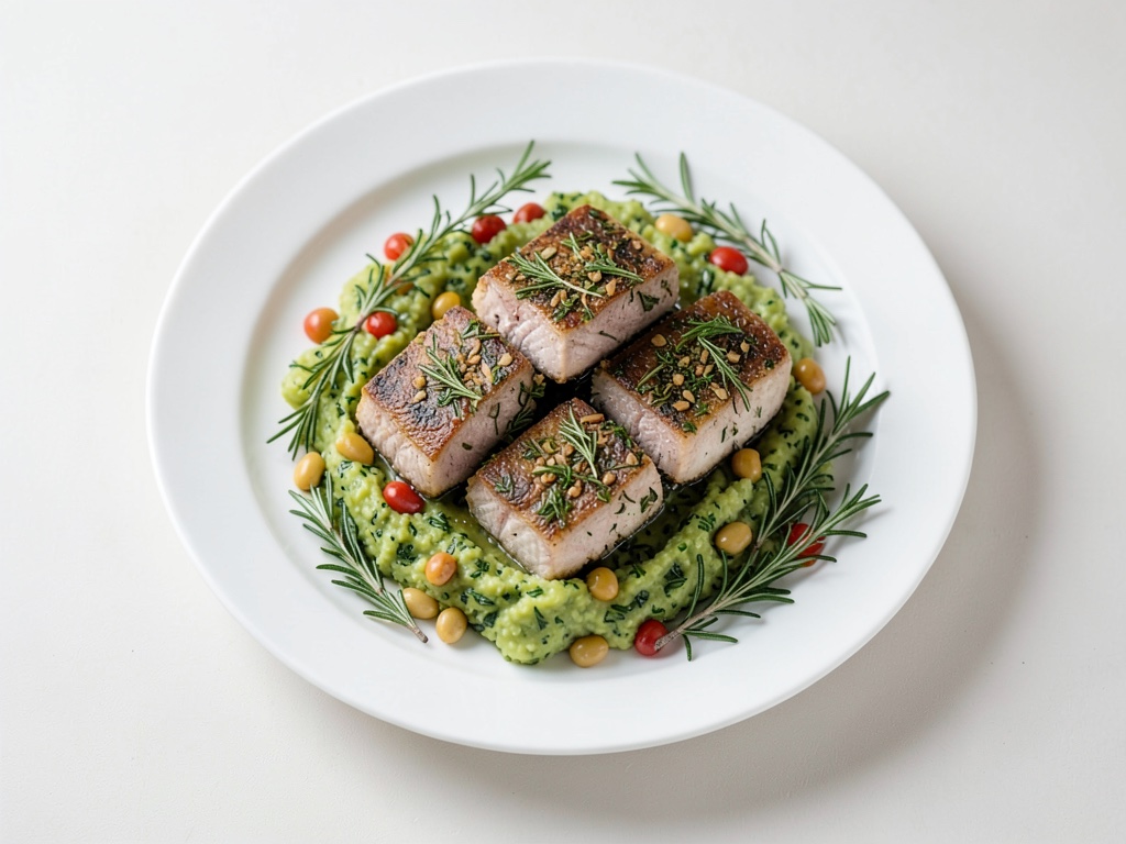Filetto di agnello con crosta alle erbe, mix di fagioli e purè di patate al crescione