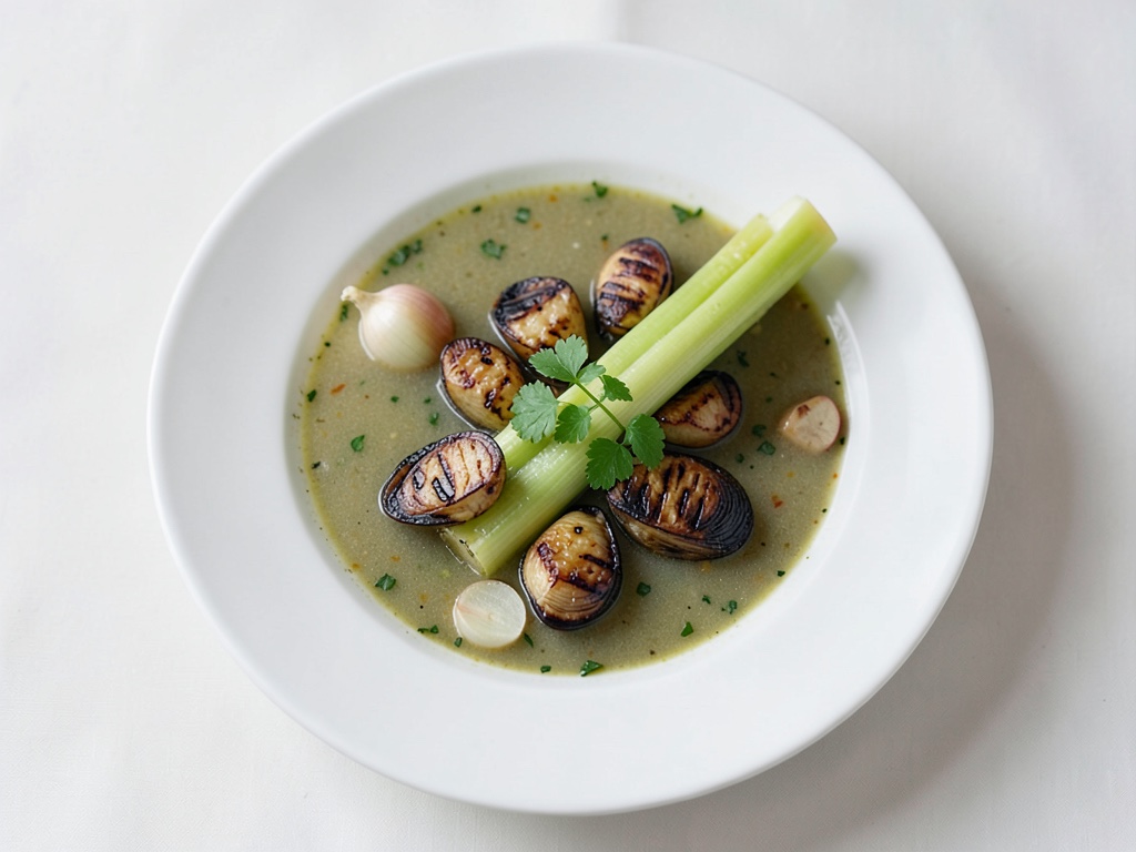 Zuppa cremosa di asparagi con scaloppine alla griglia