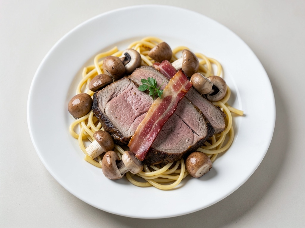 Croustillant filet de porc enrobé de bacon avec sauce aux champignons et spätzle