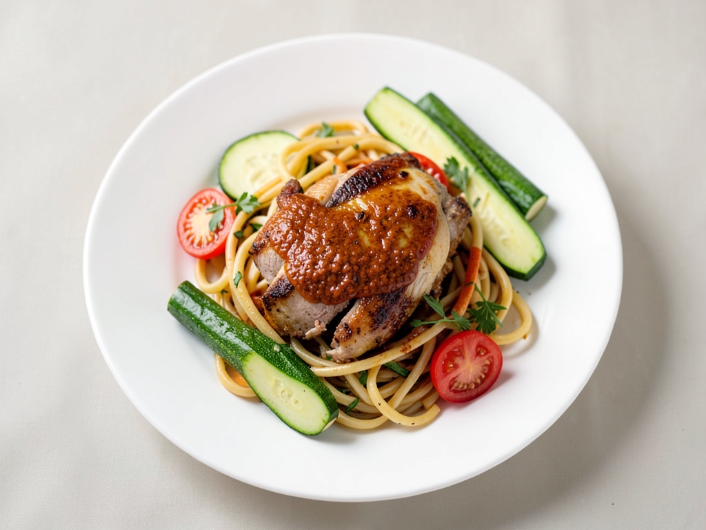 Spaghetti di zucchine e carote con pollo e pomodoro