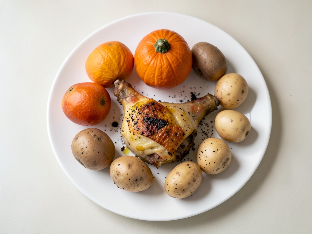 Ofengemüse mit Kürbis und Kartoffeln samt Hähnchenschenkeln