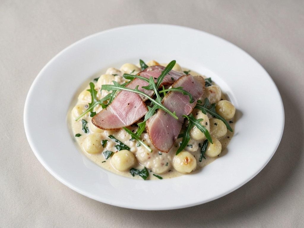 Gratin de gnocchis crémeux au jambon et roquette