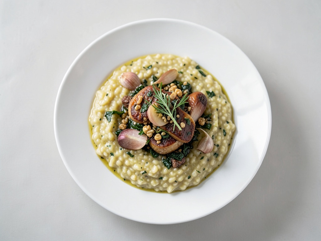 Risotto cremoso con verdure radice arrosto e guarnizione di erbe fresche