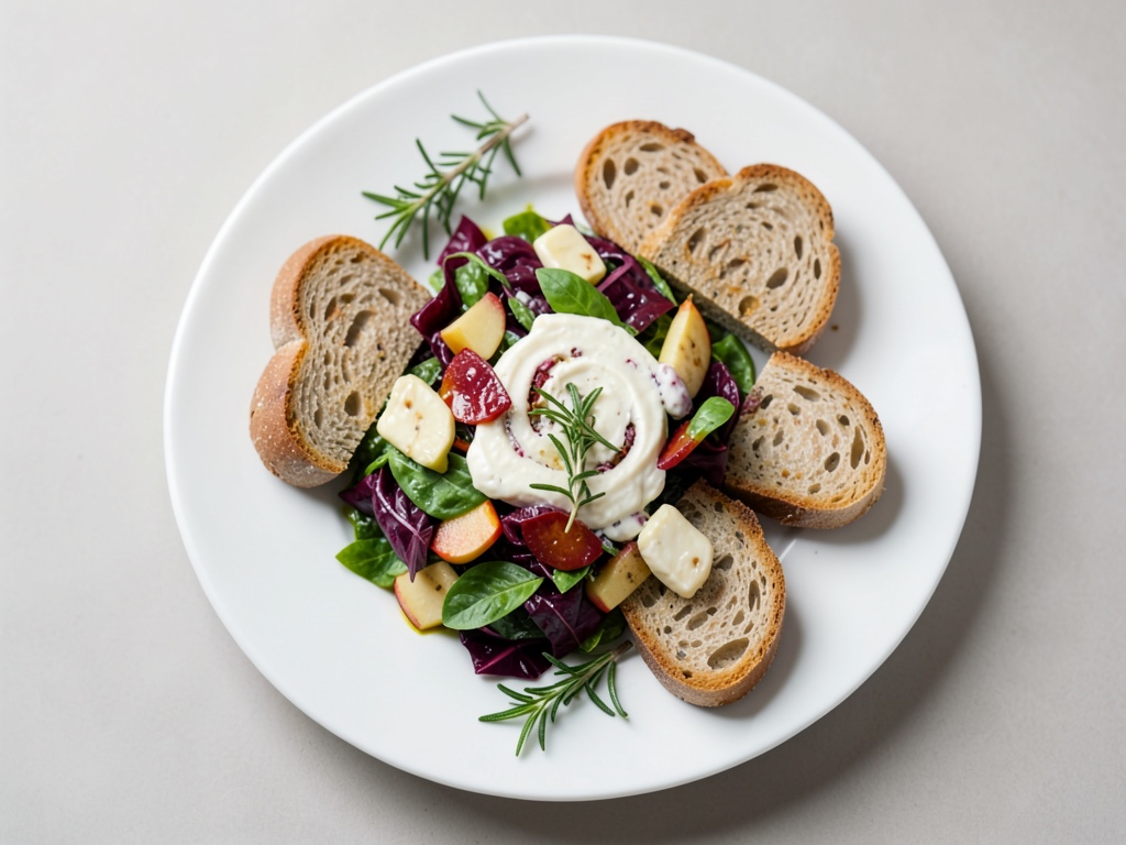 Crostini croccanti al formaggio di capra su insalata croccante di barbabietola e mela