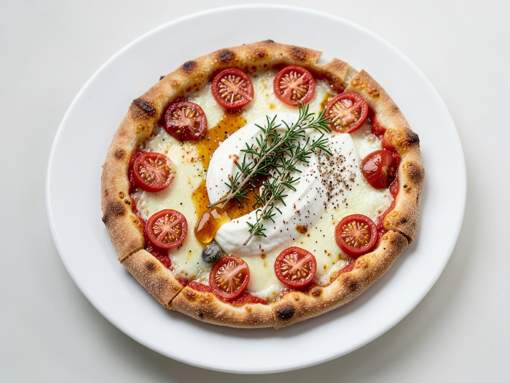 Puff pastry pizza with goat cheese, honey and cherry tomatoes