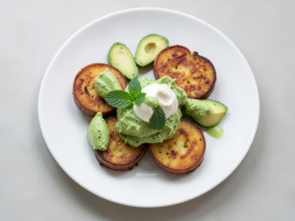 Ofen-Süßkartoffeln mit cremiger Avocado-Paprika-Soße