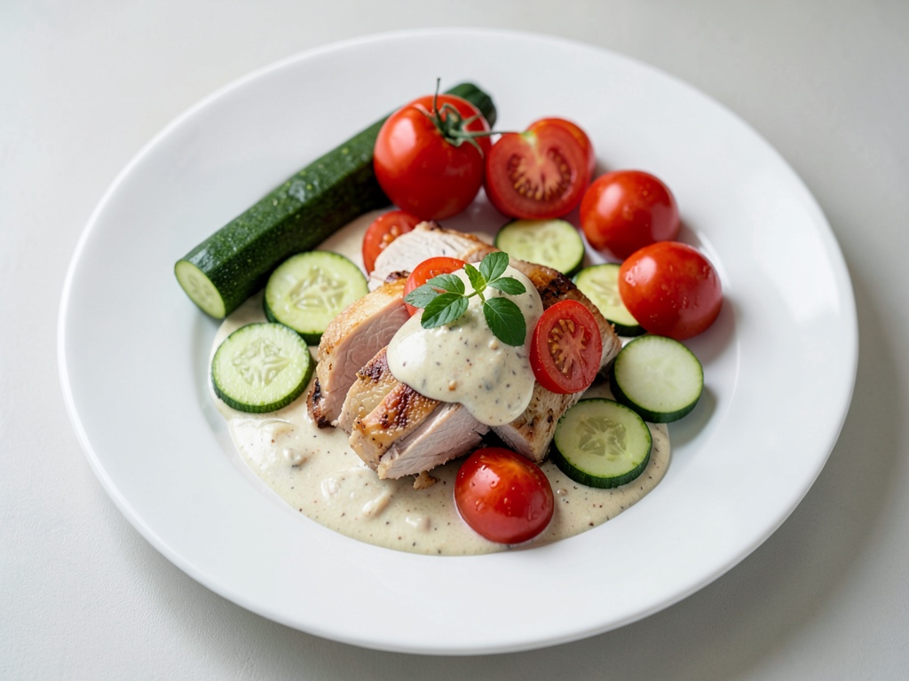 Pollo low-carb cremoso con zucchine e pomodori