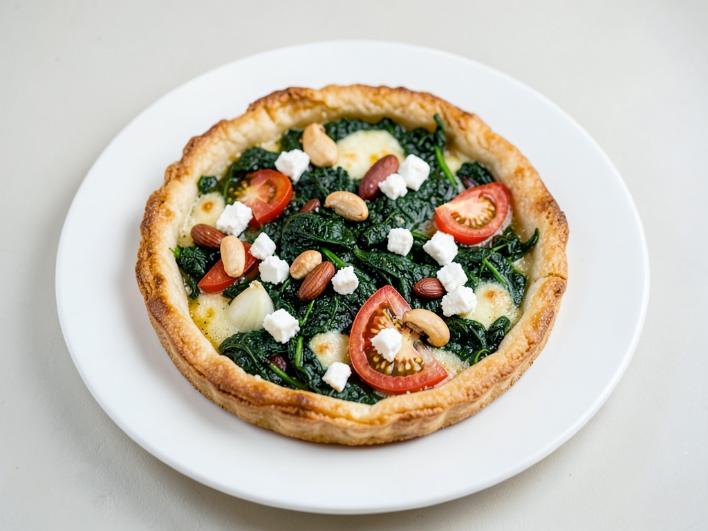 Quiche en pâte feuilletée aux épinards, feta, tomates et pignons de pin
