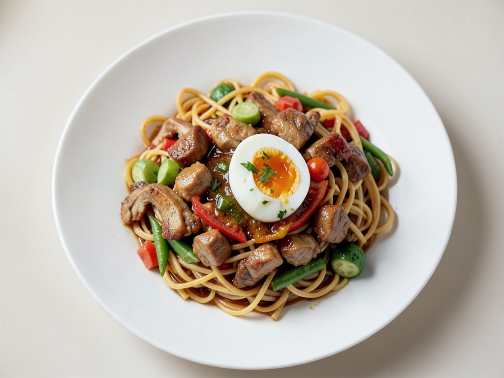 Chinesische Nudelpfanne mit Hühnchen, Ei und Gemüse