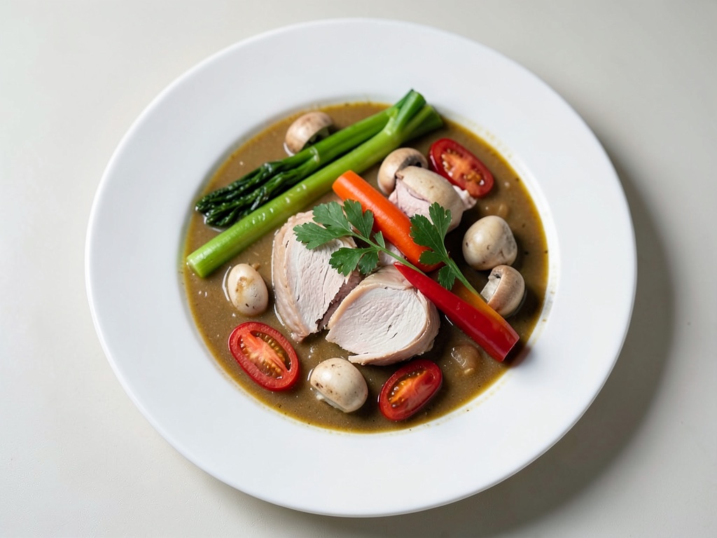 Sopa cremosa de pollo, puerro y curry