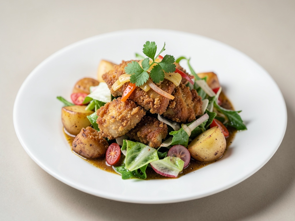 Insalata croccante di pollo con patate al forno