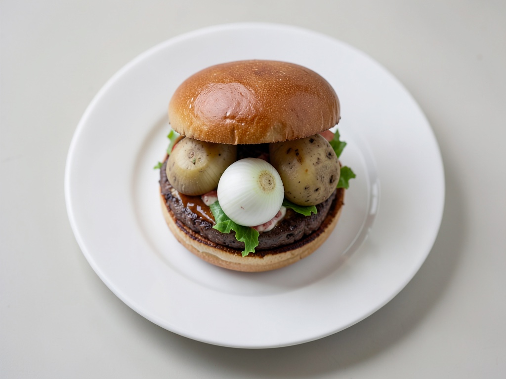 Burger di patatine fritte con purea di mele e cipolle fritte