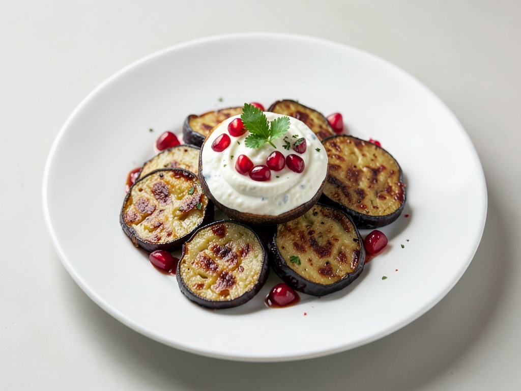 Fette di melanzana croccanti con melograno e yogurt dip