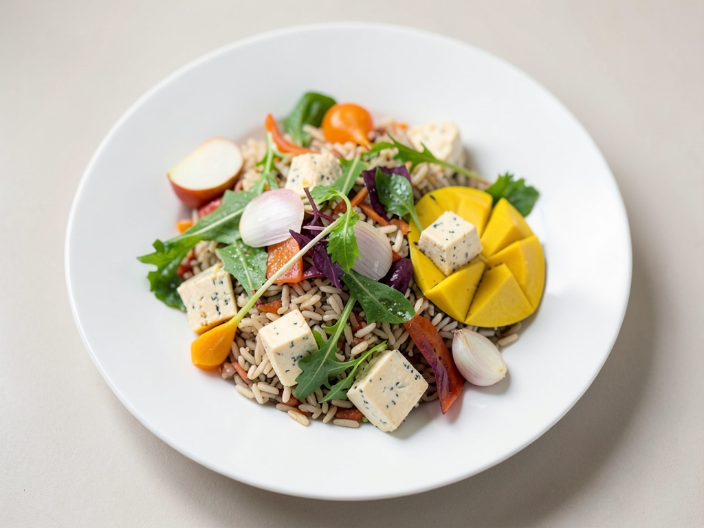 Tofu croccante su insalata di lenticchie e mango