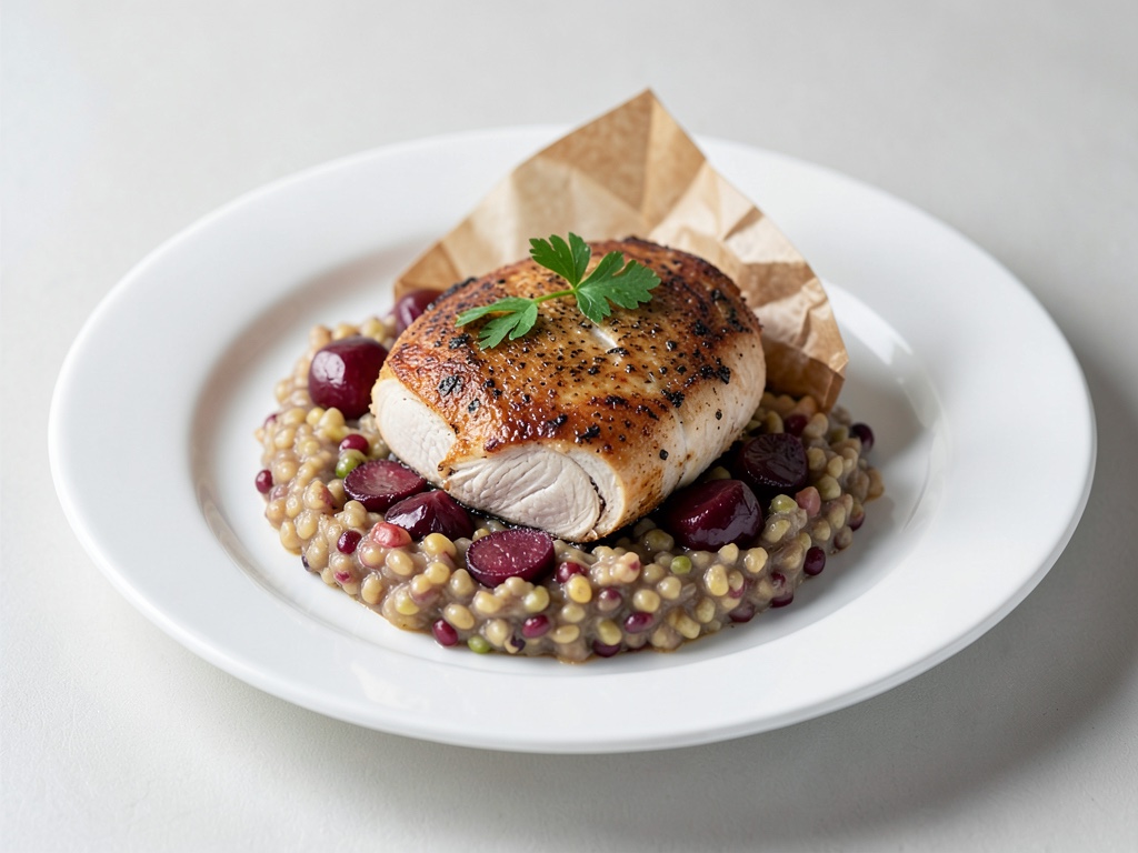 Blanc de poulet en paquet de parchemin avec risotto d'orge perlée à la betterave rouge