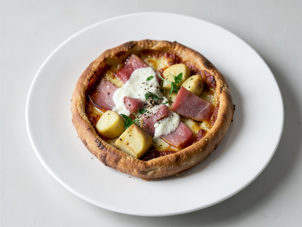 Knuspriger Flammkuchen mit Kartoffeln, Schinken und Rucola