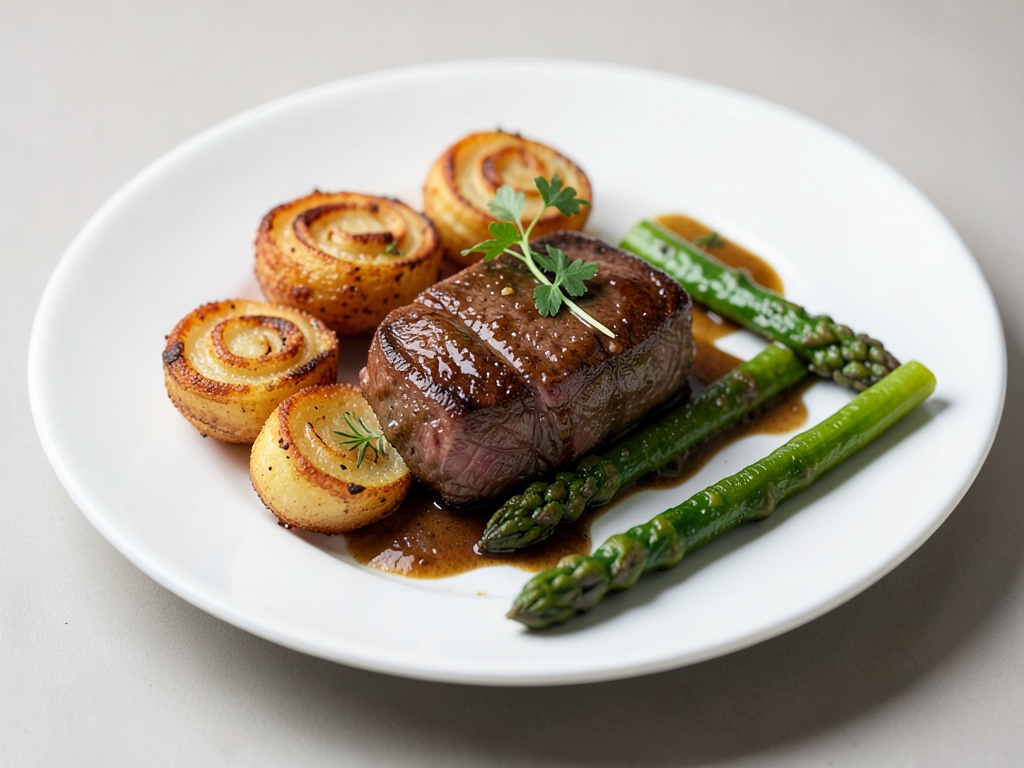 Patate a spirale croccanti, filetto di manzo succoso e asparagi dall'air fryer