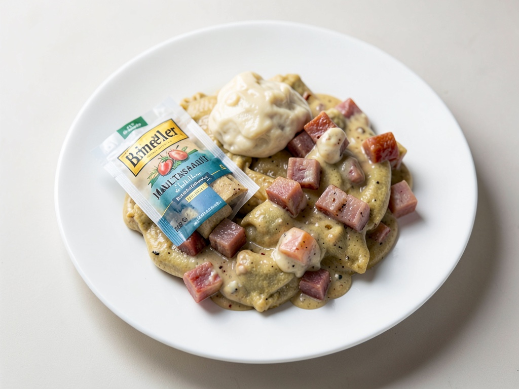 Schneller Maultaschen-Auflauf mit Schinken-Sahne-Überbacken