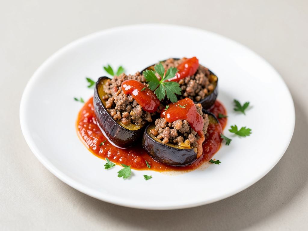 Melanzano croccante ripieno con ripieno di carne macinata speziato e salsa di pomodoro fresca