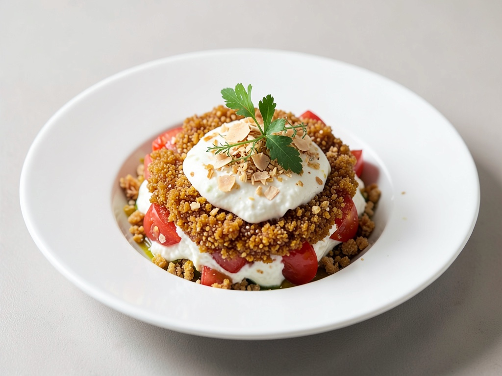Ciotola croccante di pomodoro e mozzarella con crunch di mandorle e pangrattato