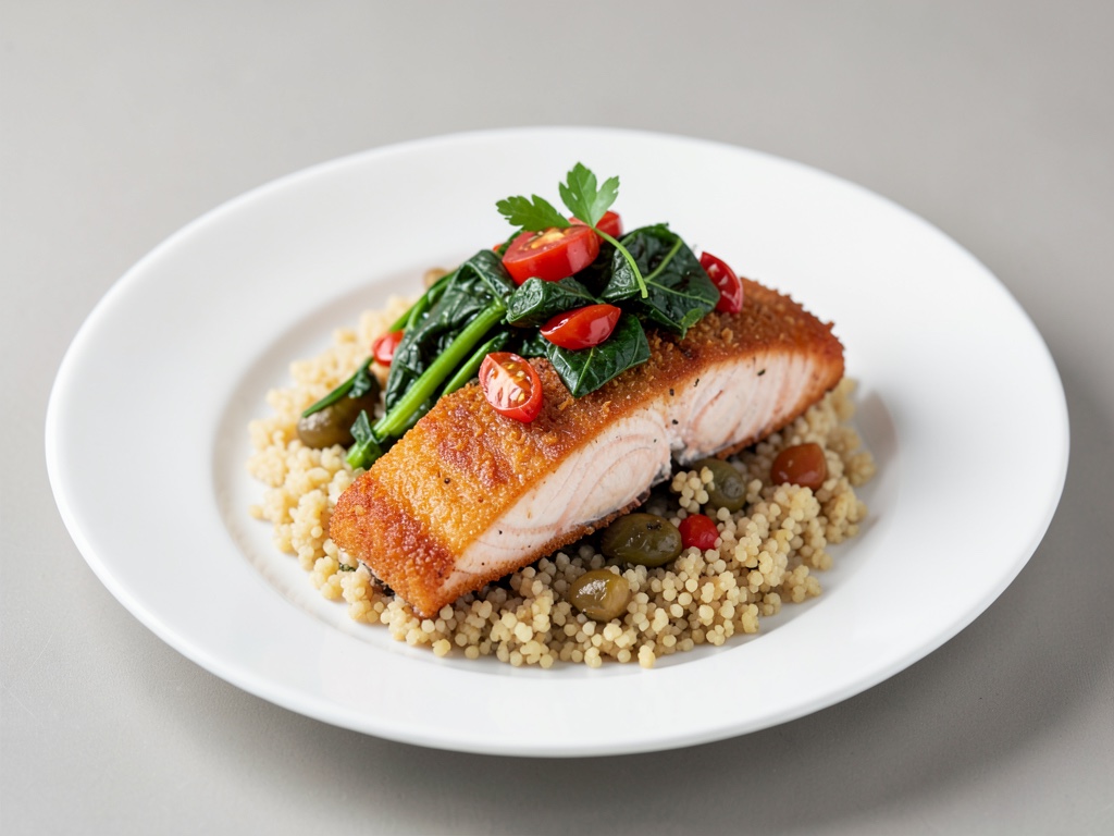 Salmone croccante con pomodori, spinaci e couscous