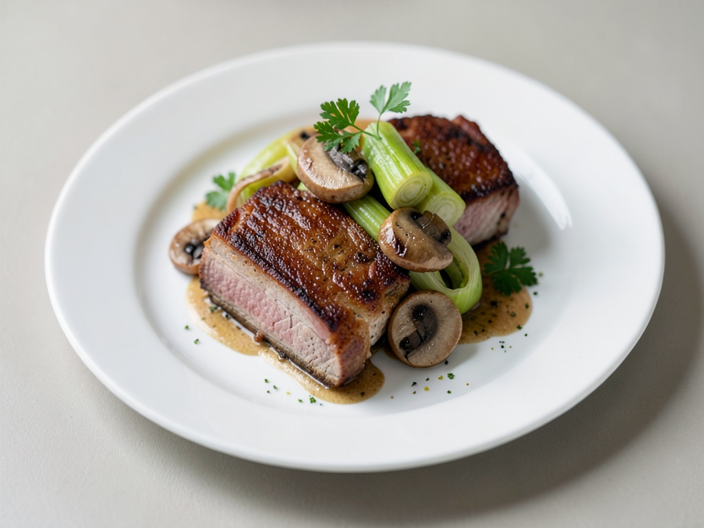 Filetto di maiale croccante con verdure di funghi e porro in friggitrice ad aria